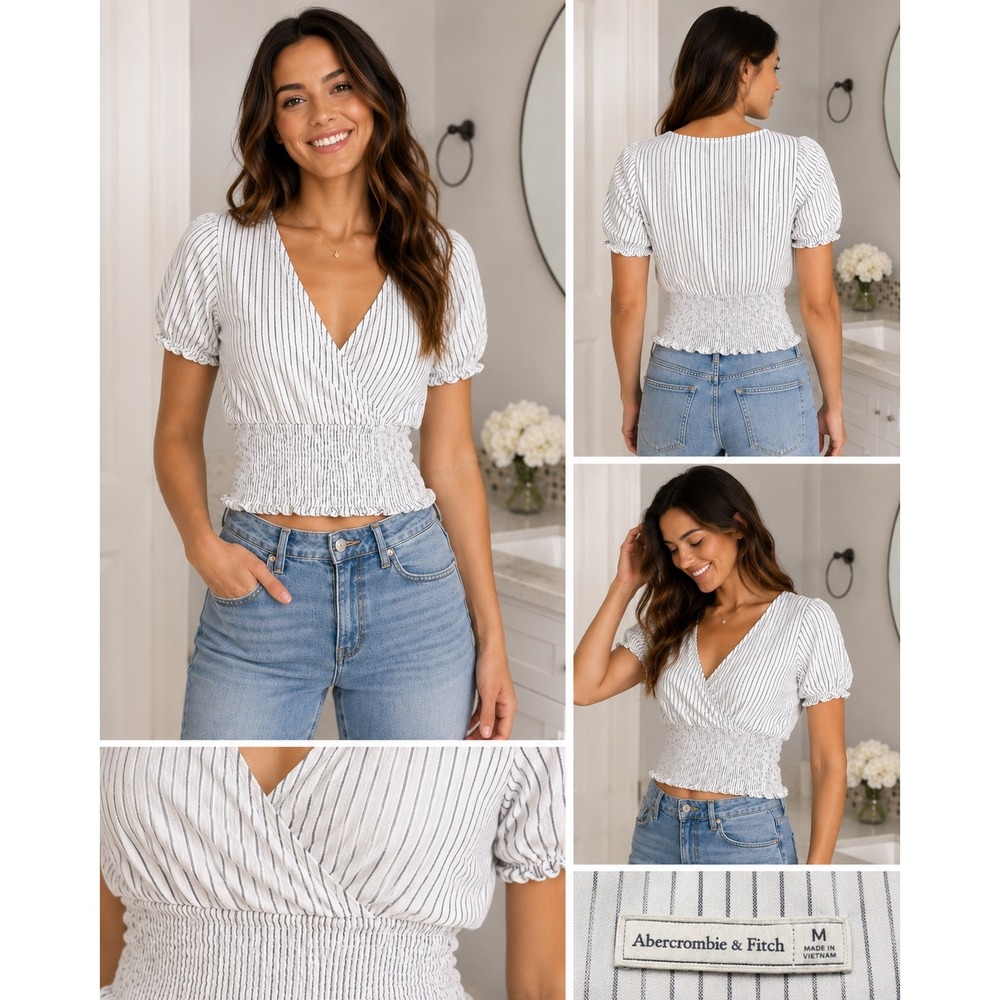 Abercrombie & Fitch Top Womens Medium White Blue Stripe Smocked Wrap Crop